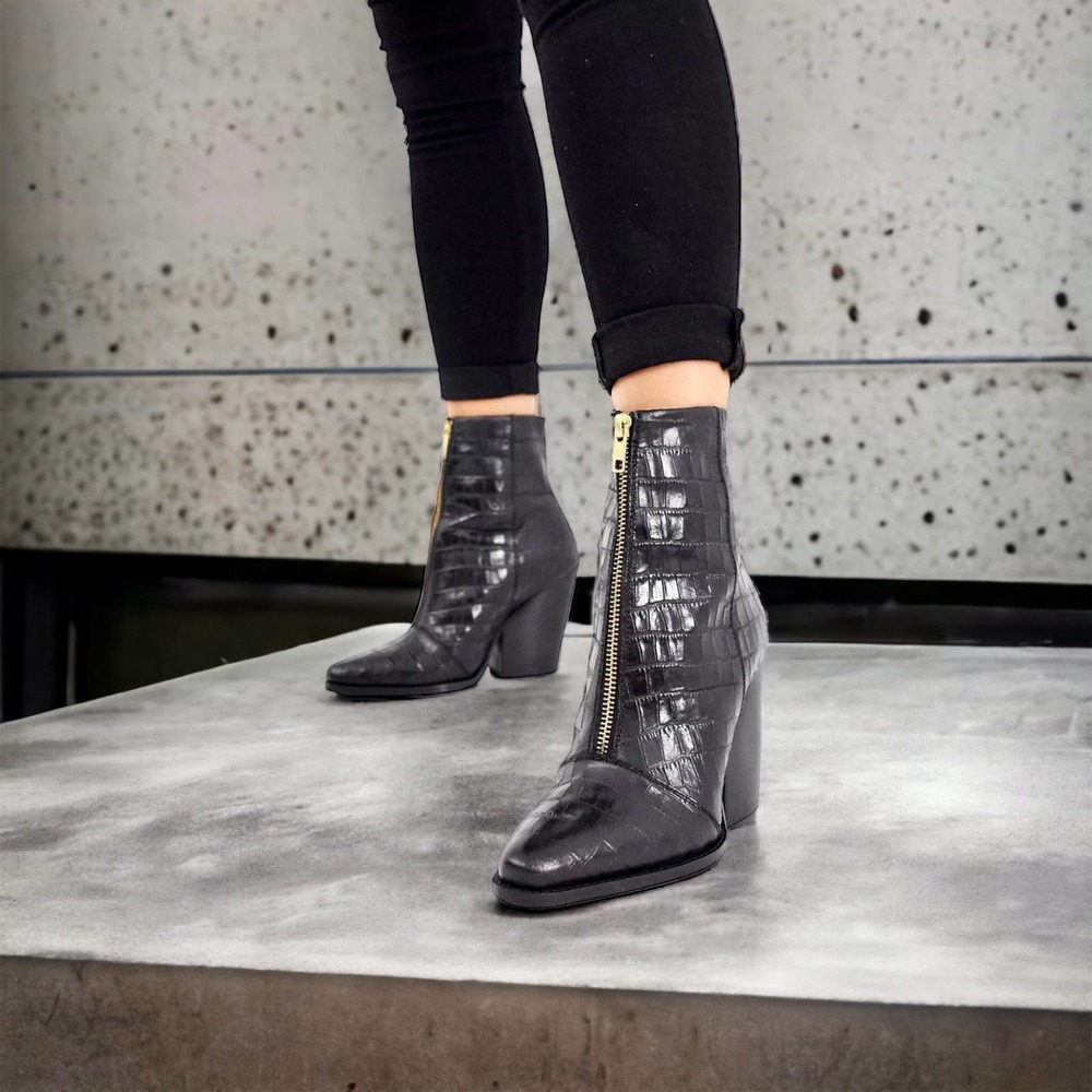 ASOS Croc Leather Zip Boots in Black Size UK 6